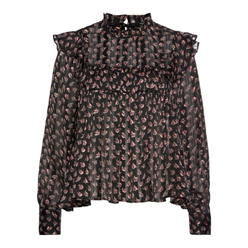 Scotch & Soda Ruffle Floral Blouse Black High Neck Sheer Size S NWOT